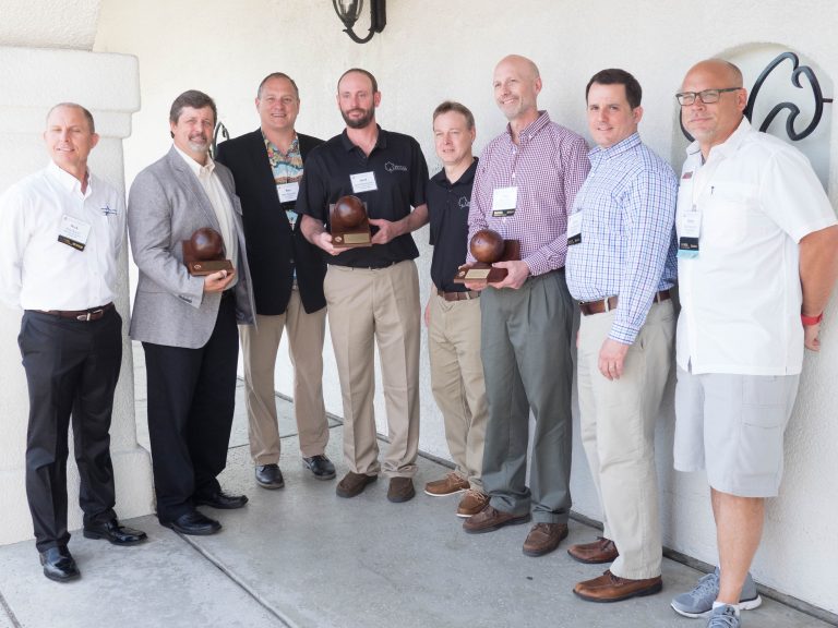 WMIA Wooden Globe winners and nominators, from left, Rick Braun, Machine Solutions, who nominated Todd Haas, Haas Cabinet, for Commitment to Excellence Through Technology; Ben Dipzinski, Hocker North America, who nominated Jared Nierengarten and Greg Rask, Crystal Cabinet Works; and Greg Larson, New England School of Architectural Woodworking, who was nominated by WMIA Education Committee Chairman Chris Hofmann, Colonial Saw. Erich Mazurek, Maze Machinery, right, is chairman of the WMIA Marketing Committee, which oversees the awards program.