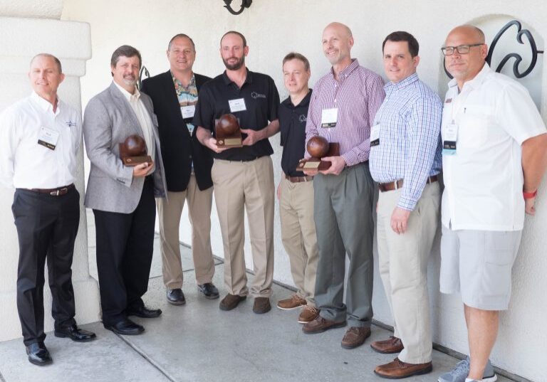 WMIA Wooden Globe winners and nominators, from left, Rick Braun, Machine Solutions, who nominated Todd Haas, Haas Cabinet, for Commitment to Excellence Through Technology; Ben Dipzinski, Hocker North America, who nominated Jared Nierengarten and Greg Rask, Crystal Cabinet Works; and Greg Larson, New England School of Architectural Woodworking, who was nominated by WMIA Education Committee Chairman Chris Hofmann, Colonial Saw. Erich Mazurek, Maze Machinery, right, is chairman of the WMIA Marketing Committee, which oversees the awards program.